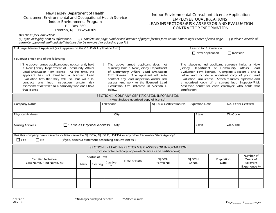 Form CEHS-10 Indoor Environmental Consultant License Application Employee Qualifications: Lead Inspectors / Risk Assessor and Evaluation Contractor Information - New Jersey, Page 1