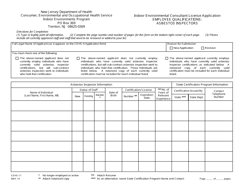 Form CEHS-11  Printable Pdf