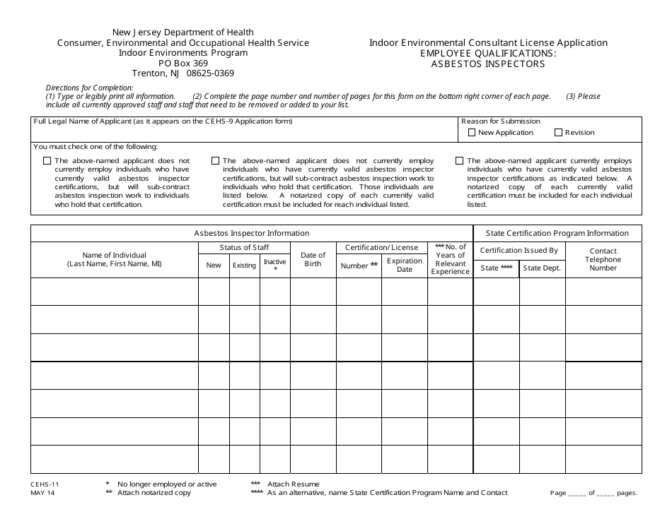Form CEHS-11 Indoor Environmental Consultant License Application Employee Qualifications: Asbestos Inspectors - New Jersey, Page 1