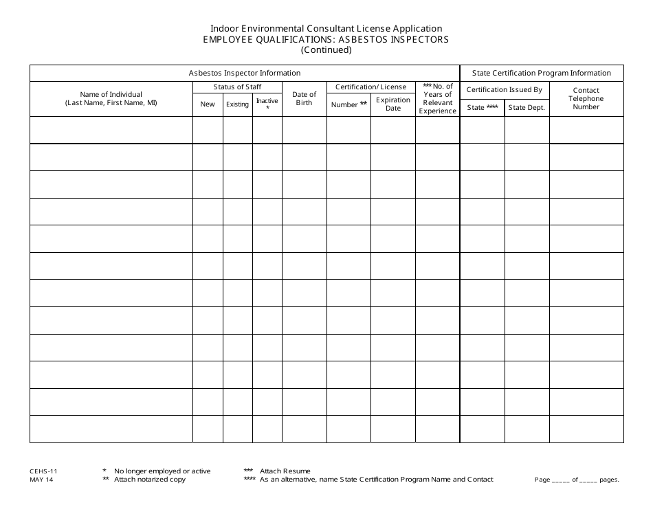 Form CEHS-11 Indoor Environmental Consultant License Application Employee Qualifications: Asbestos Inspectors - New Jersey, Page 2