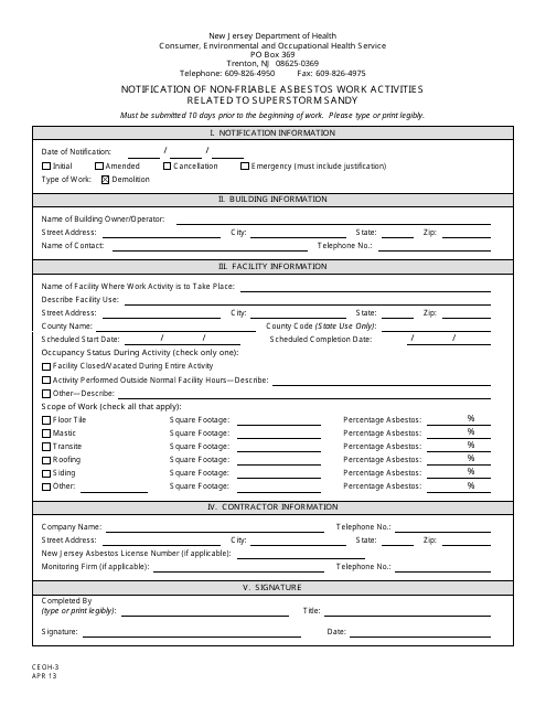 Form CEOH-3 Notification of Non-friable Asbestos Work Activities Related to Superstorm Sandy - New Jersey