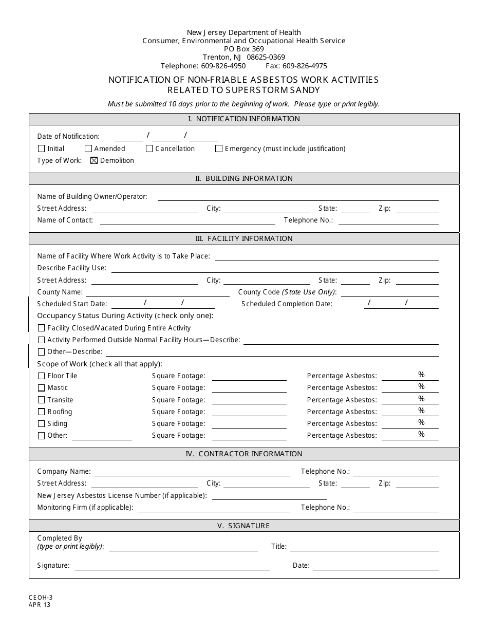 Form CEOH-3 Notification of Non-friable Asbestos Work Activities Related to Superstorm Sandy - New Jersey, Page 1