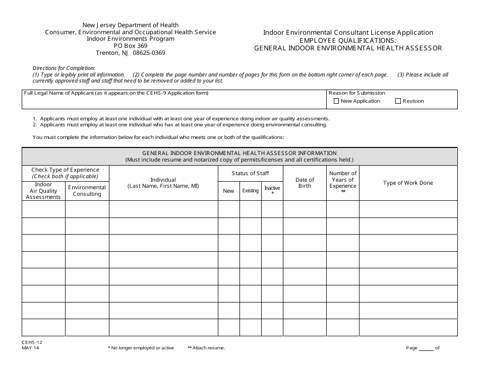 Form CEHS-12 Indoor Environmental Consultant License Application Employee Qualifications: General Indoor Environmental Health Assessor - New Jersey, Page 1