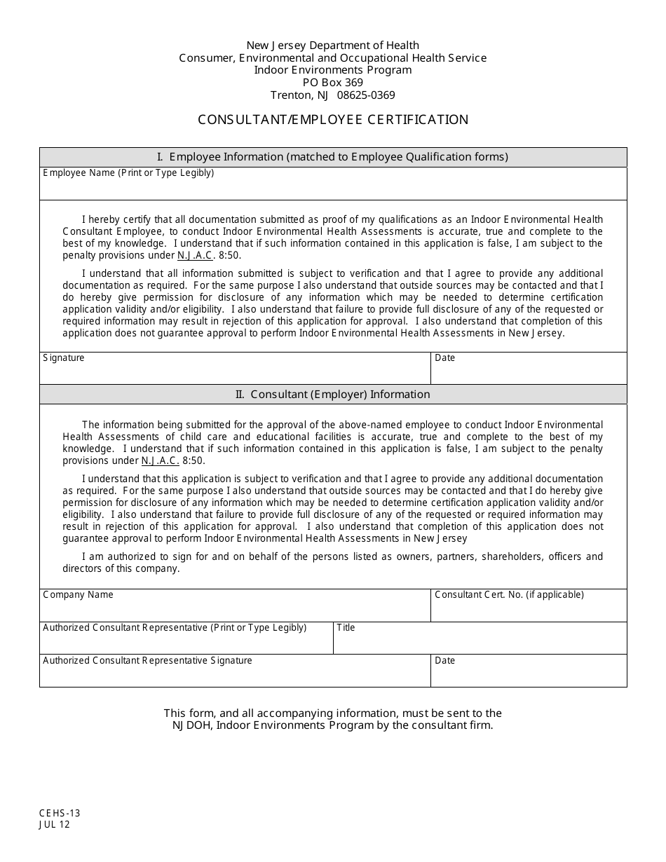 Form CEHS-13 Consultant / Employee Certification - New Jersey, Page 1