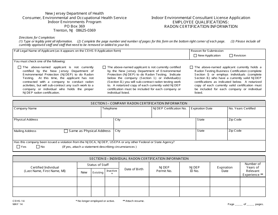Form CEHS-14 Employee Qualifications: Radon Certification Information - New Jersey, Page 1