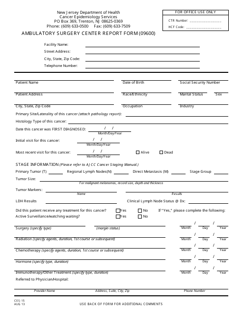Form CES-15 Ambulatory Surgery Center Report Form - New Jersey