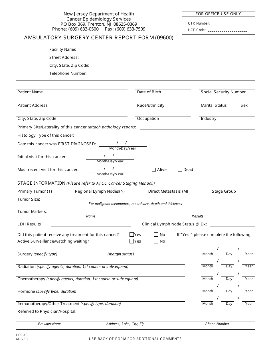 Form CES-15 Ambulatory Surgery Center Report Form - New Jersey, Page 1