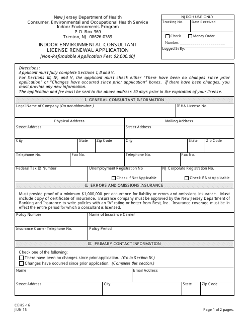 Form CEHS-16 Indoor Environmental Consultant License Renewal Application - New Jersey