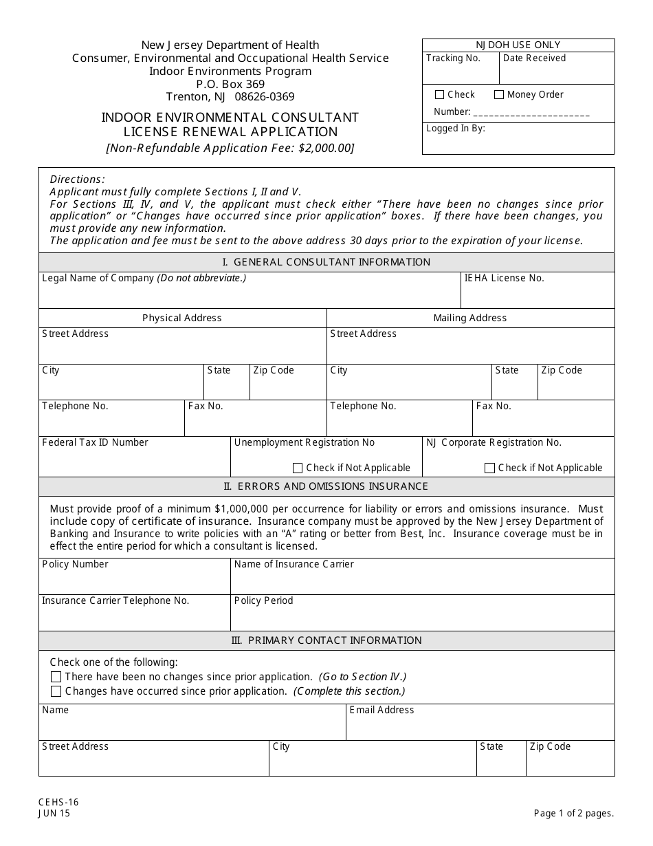 Form CEHS-16 Indoor Environmental Consultant License Renewal Application - New Jersey, Page 1