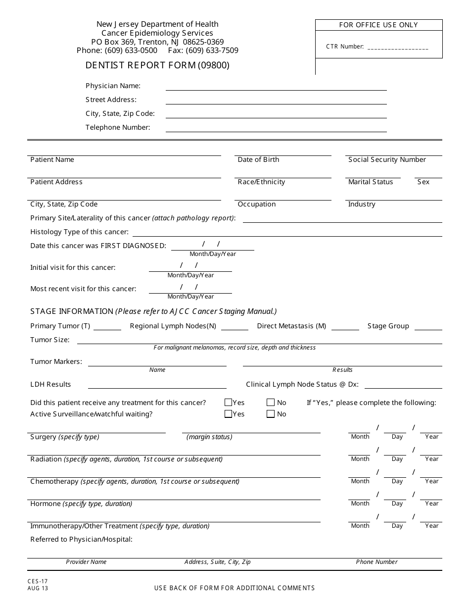 Form CES-17 Dentist Report Form - New Jersey, Page 1