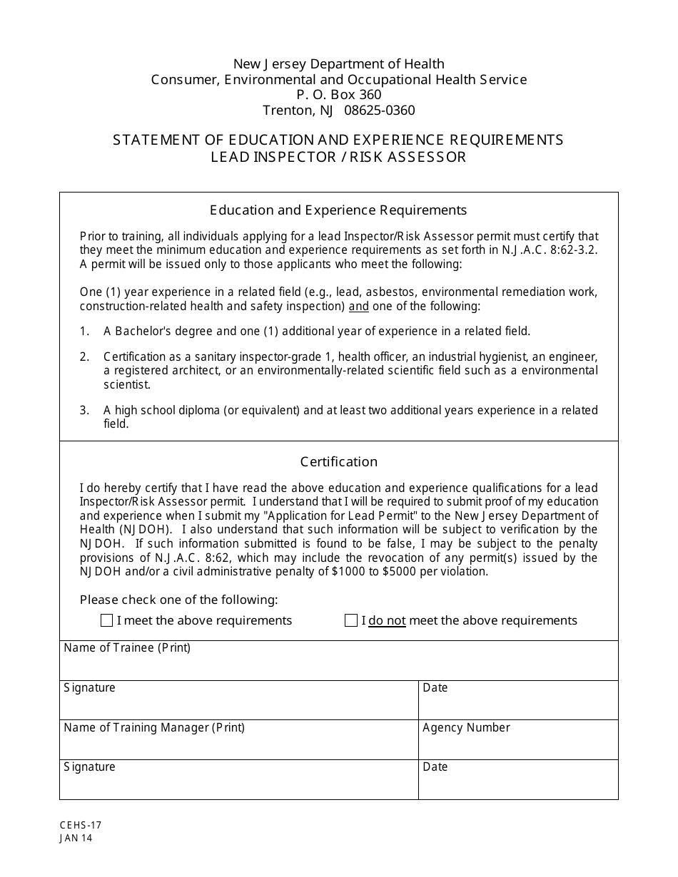 Form CEHS-17 Statement of Education and Experience Requirements Lead Inspector / Risk Assessor - New Jersey, Page 1