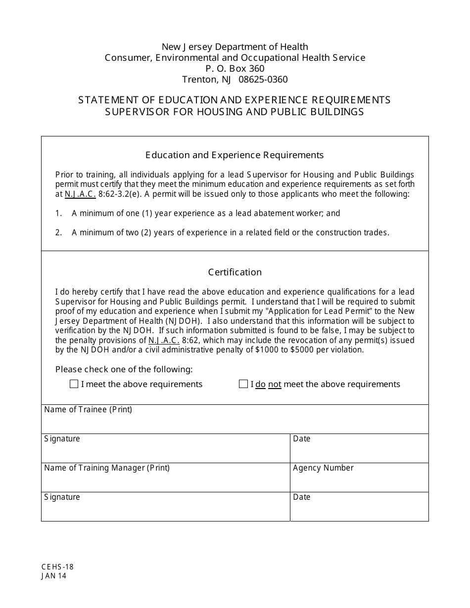 Form CEHS-18 Statement of Education and Experience Requirements Supervisor for Housing and Public Buildings - New Jersey, Page 1