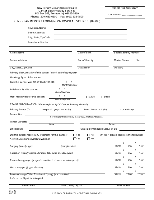 Form CES-40 Physician Report Form (Non-hospital Source) - New Jersey