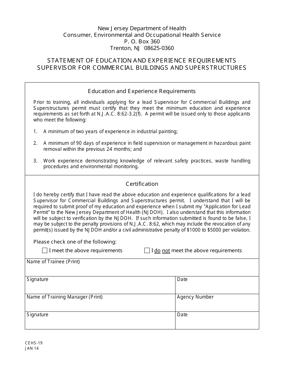 Form CEHS-19 Statement of Education and Experience Requirements Supervisor for Commercial Buildings and Superstructures - New Jersey, Page 1