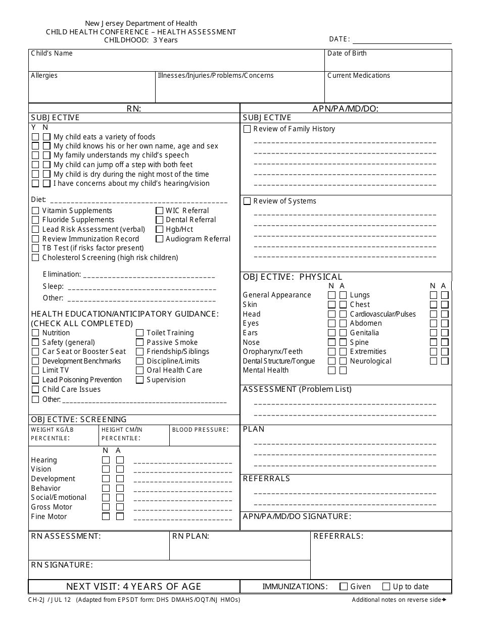 Form CH-2J Child Health Conference - Health Assessment (Childhood: 3 Years) - New Jersey, Page 1
