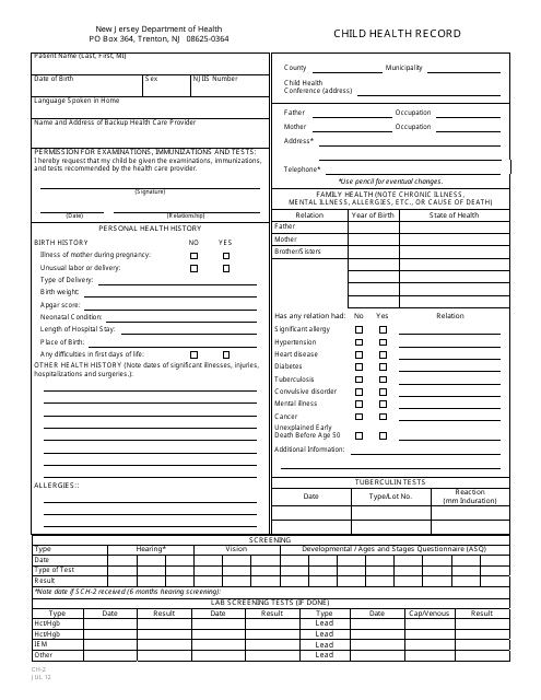 Form CH-2 Child Health Record - New Jersey