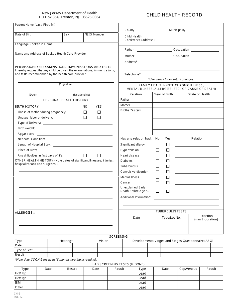 Form CH-2 Child Health Record - New Jersey, Page 1