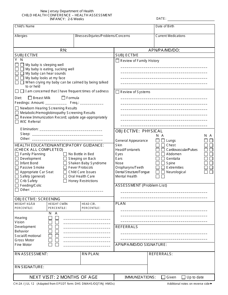 Form CH-2A Child Health Conference - Health Assessment (Infancy: 2-6 Weeks) - New Jersey, Page 1
