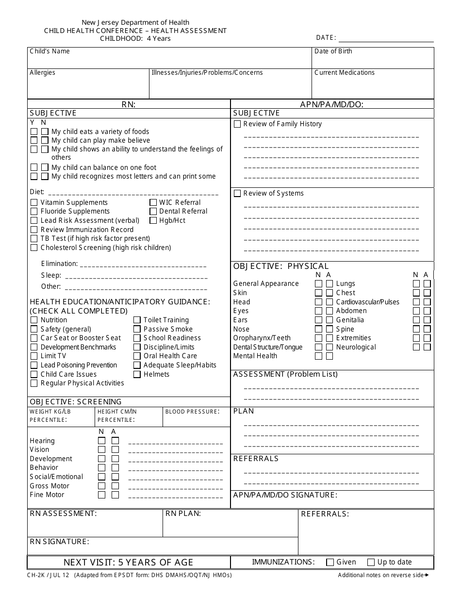 Form CH-2K Child Health Conference - Health Assessment (Childhood: 4 Years) - New Jersey, Page 1