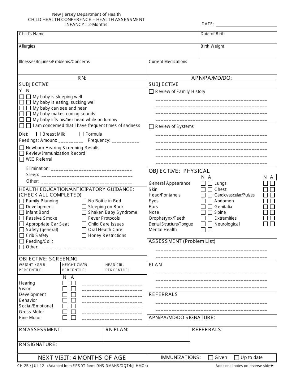 Form CH-2B Child Health Conference - Health Assessment (Infancy: 2 Months) - New Jersey, Page 1