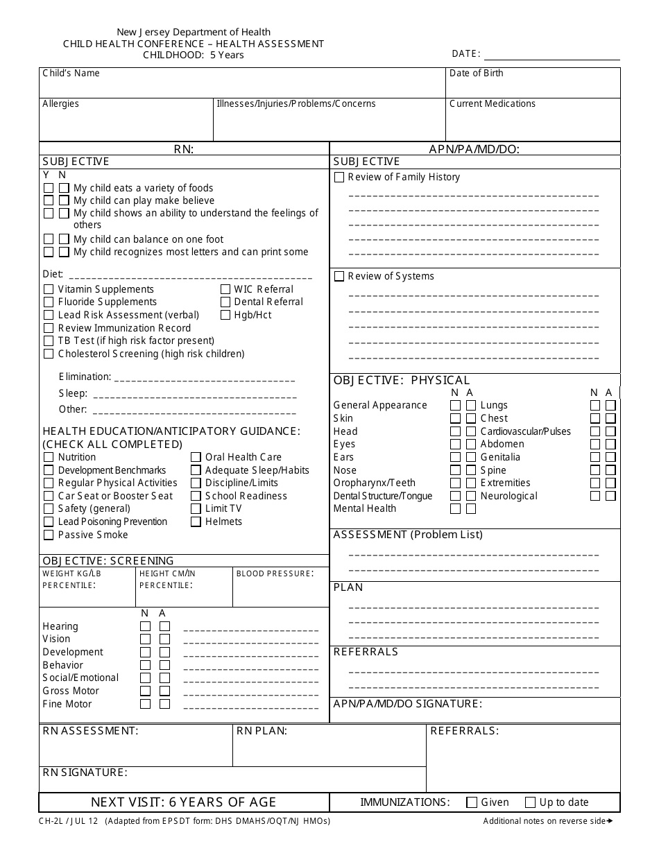 Form CH-2L Child Health Conference - Health Assessment (Childhood: 5 Years) - New Jersey, Page 1