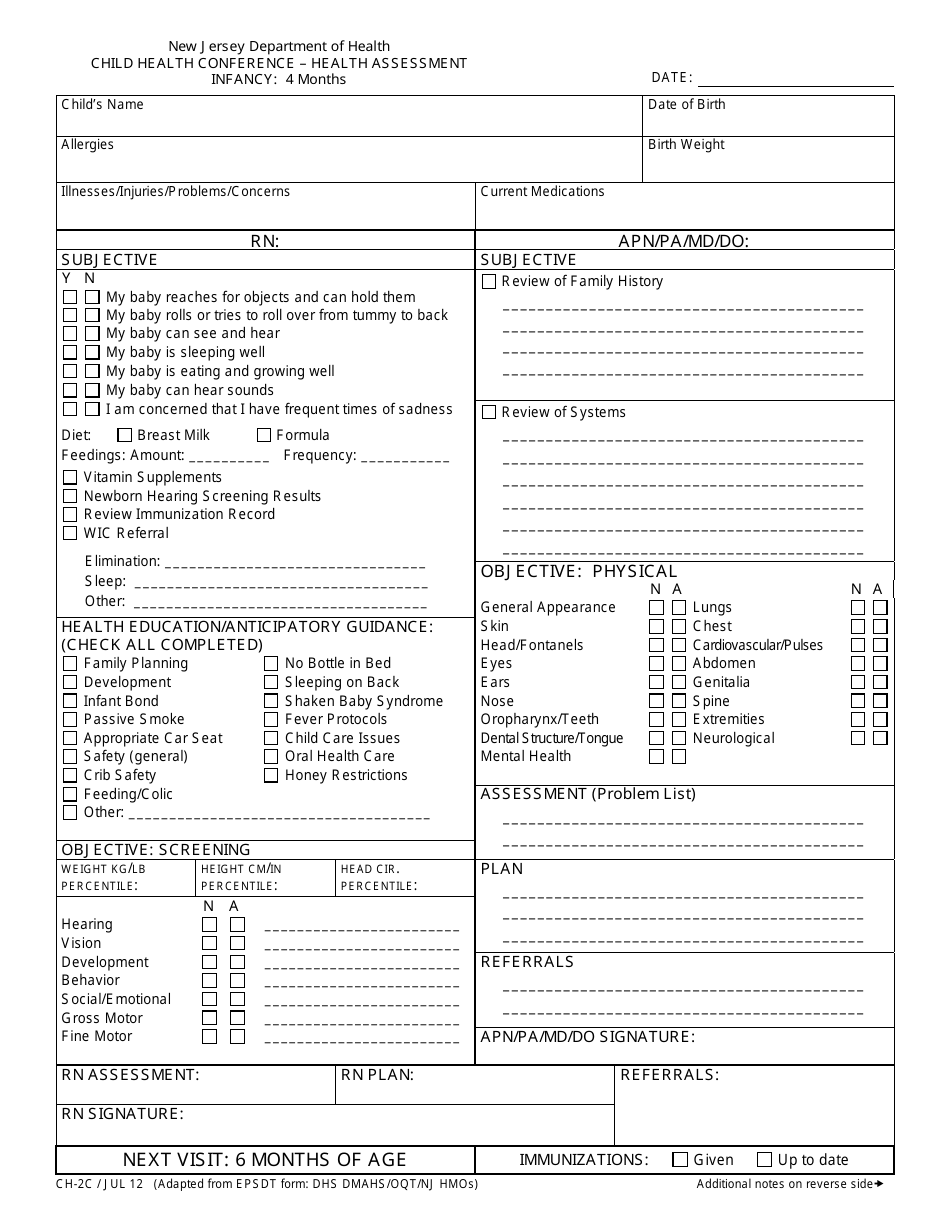Form CH-2C Child Health Conference - Health Assessment (Infancy: 4 Months) - New Jersey, Page 1