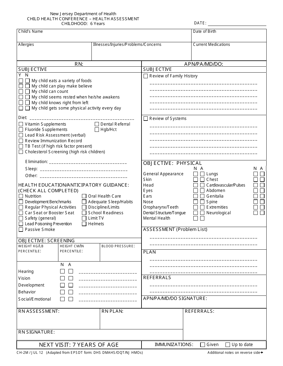 Form CH-2M Child Health Conference - Health Assessment (Childhood: 6 Years) - New Jersey, Page 1