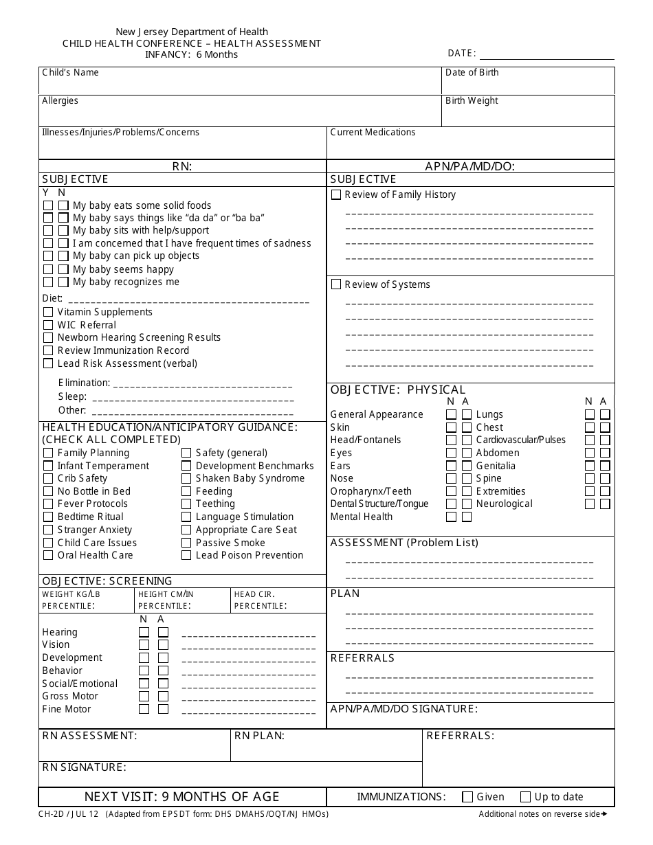 Form CH-2D Child Health Conference - Health Assessment (Infancy: 6 Months) - New Jersey, Page 1