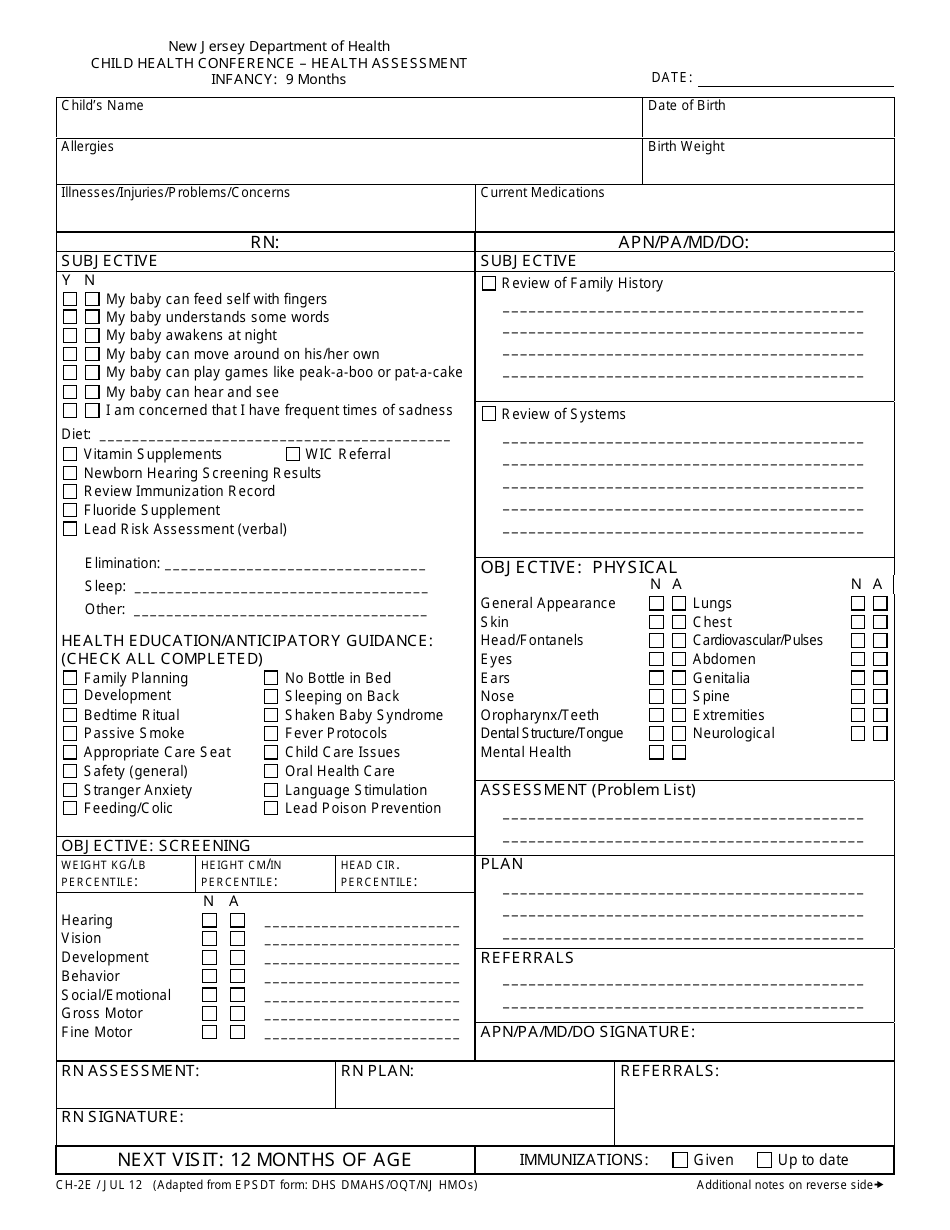 Form CH-2E Child Health Conference - Health Assessment (Infancy: 9 Months) - New Jersey, Page 1