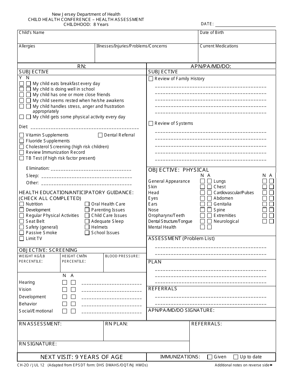 Form CH-2O Child Health Conference - Health Assessment (Childhood: 8 Years) - New Jersey, Page 1