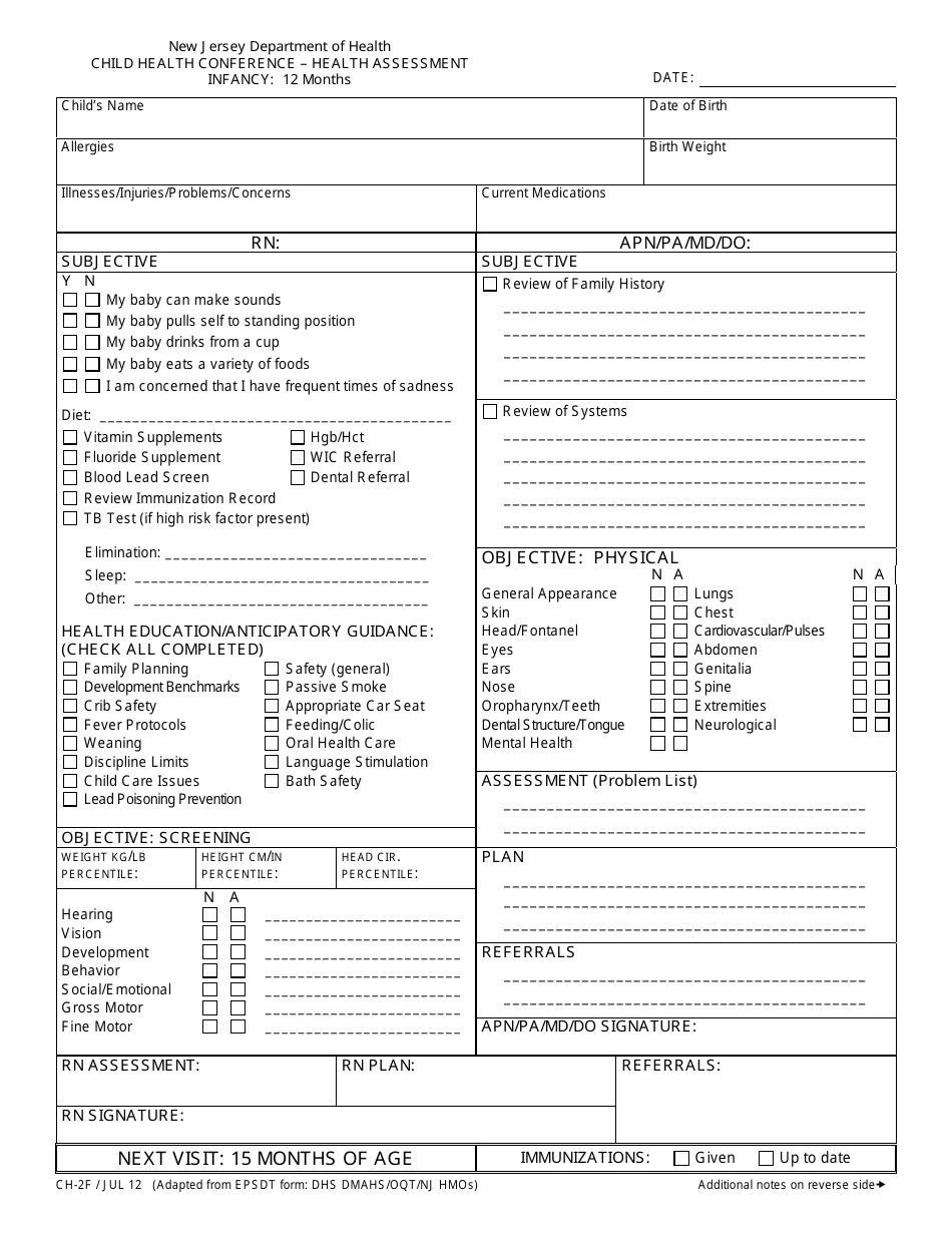 Form CH-2F Child Health Conference - Health Assessment (Infancy: 12 Months) - New Jersey, Page 1