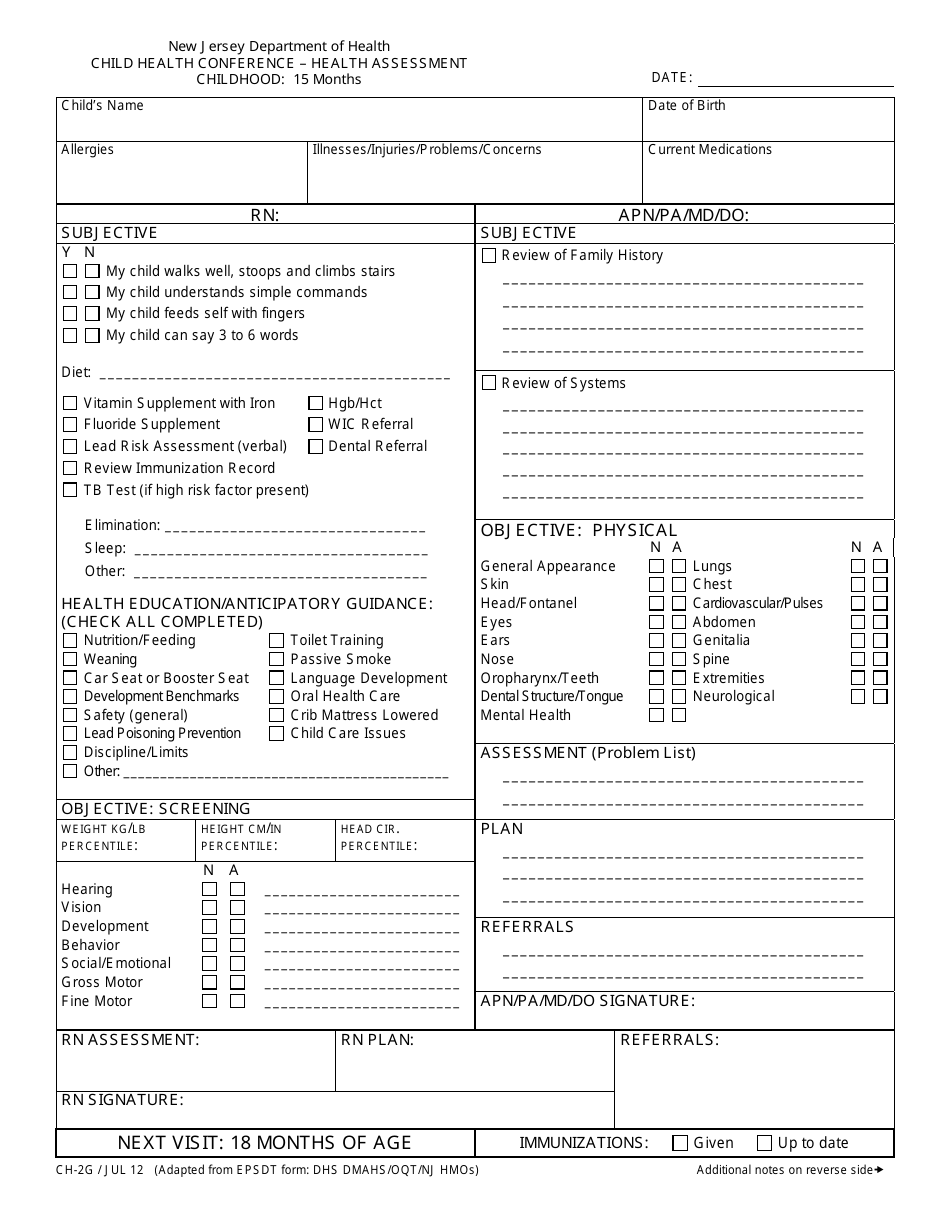 Form CH-2G Child Health Conference - Health Assessment (Childhood: 15 Months) - New Jersey, Page 1
