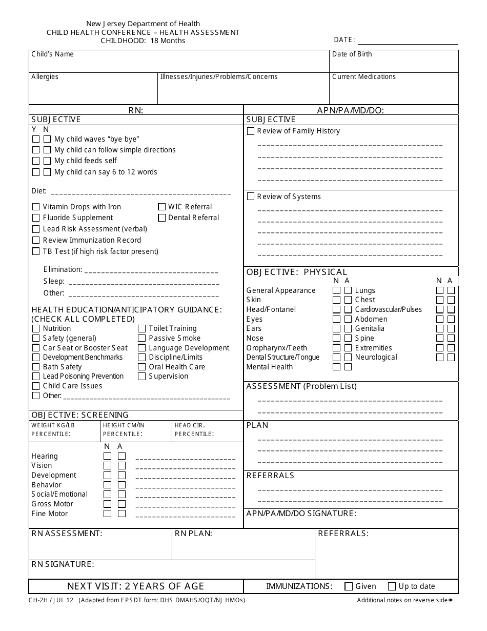 Form CH-2H Child Health Conference - Health Assessment (Childhood: 18 Months) - New Jersey, Page 1