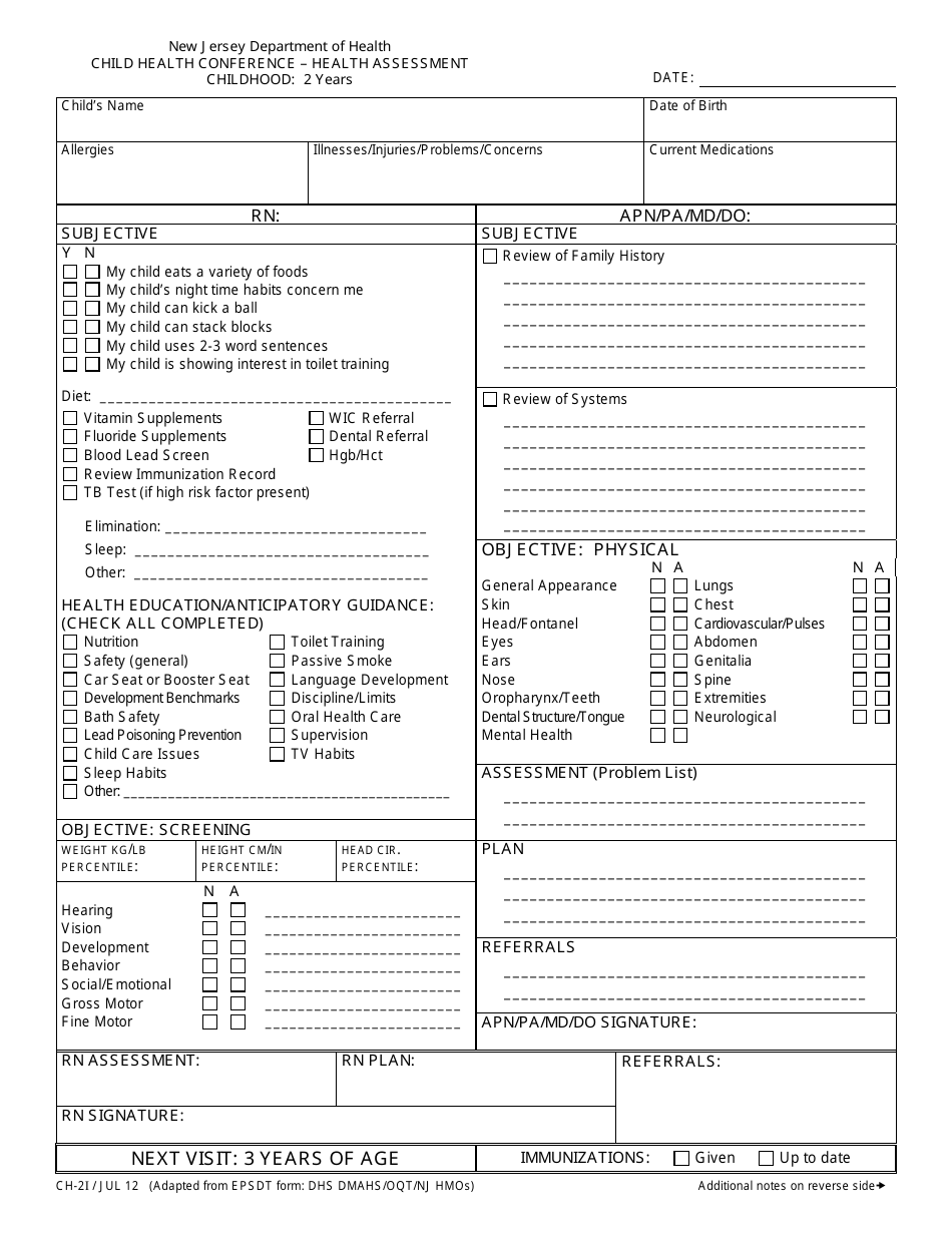 Form CH-2I Child Health Conference - Health Assessment (Childhood: 2 Years) - New Jersey, Page 1