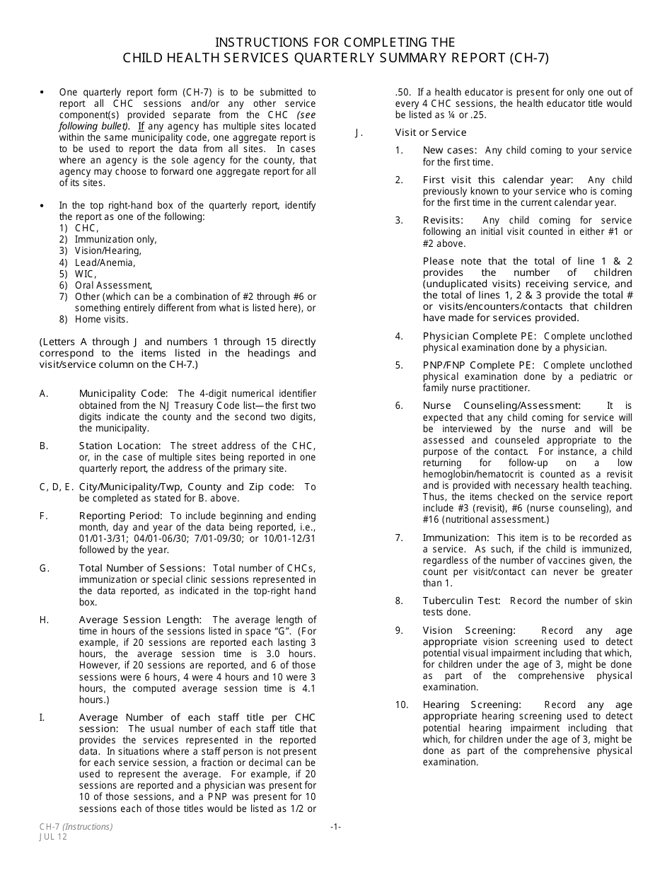 Form CH-7 Child Health Services Quarterly Summary Report - New Jersey, Page 2