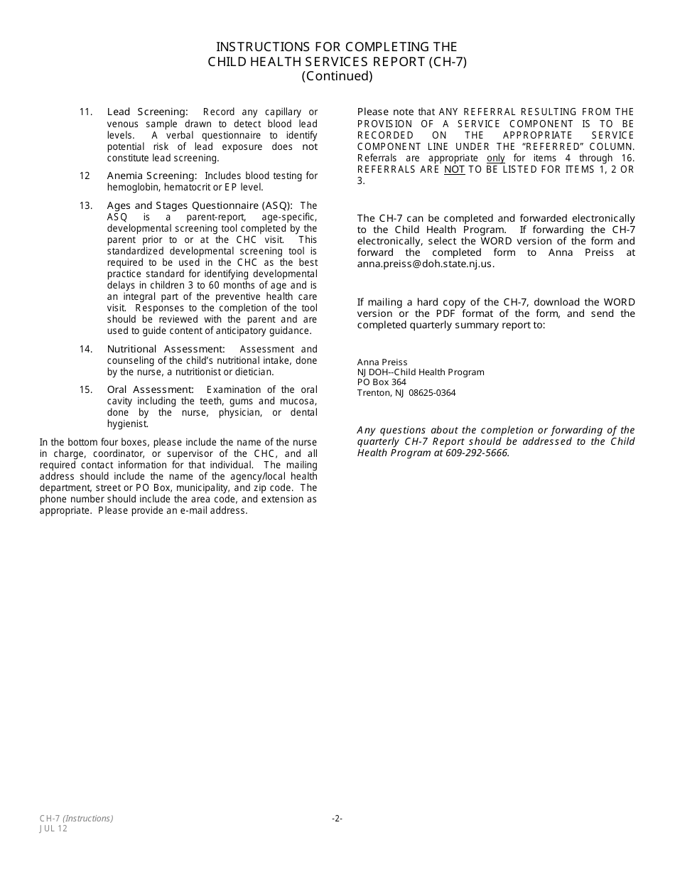 Form CH-7 Child Health Services Quarterly Summary Report - New Jersey, Page 3