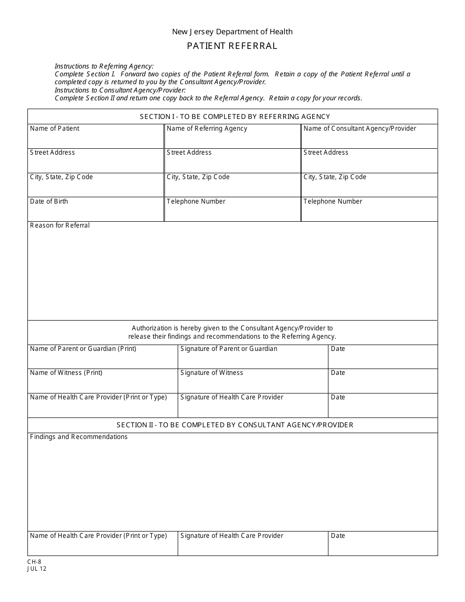 Form CH-8 Patient Referral - New Jersey, Page 1