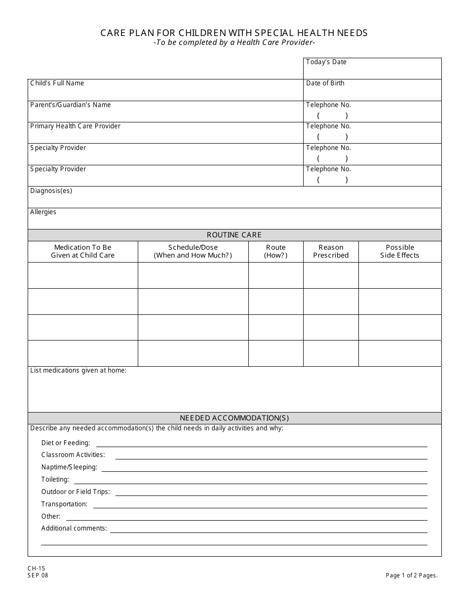 Form CH-15 Care Plan for Children With Special Health Needs - New Jersey, Page 1