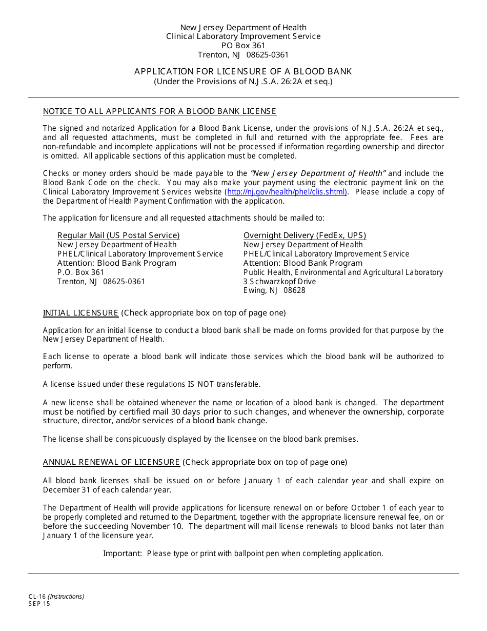 Form CL-16 Application for a Blood Bank License - New Jersey, Page 1