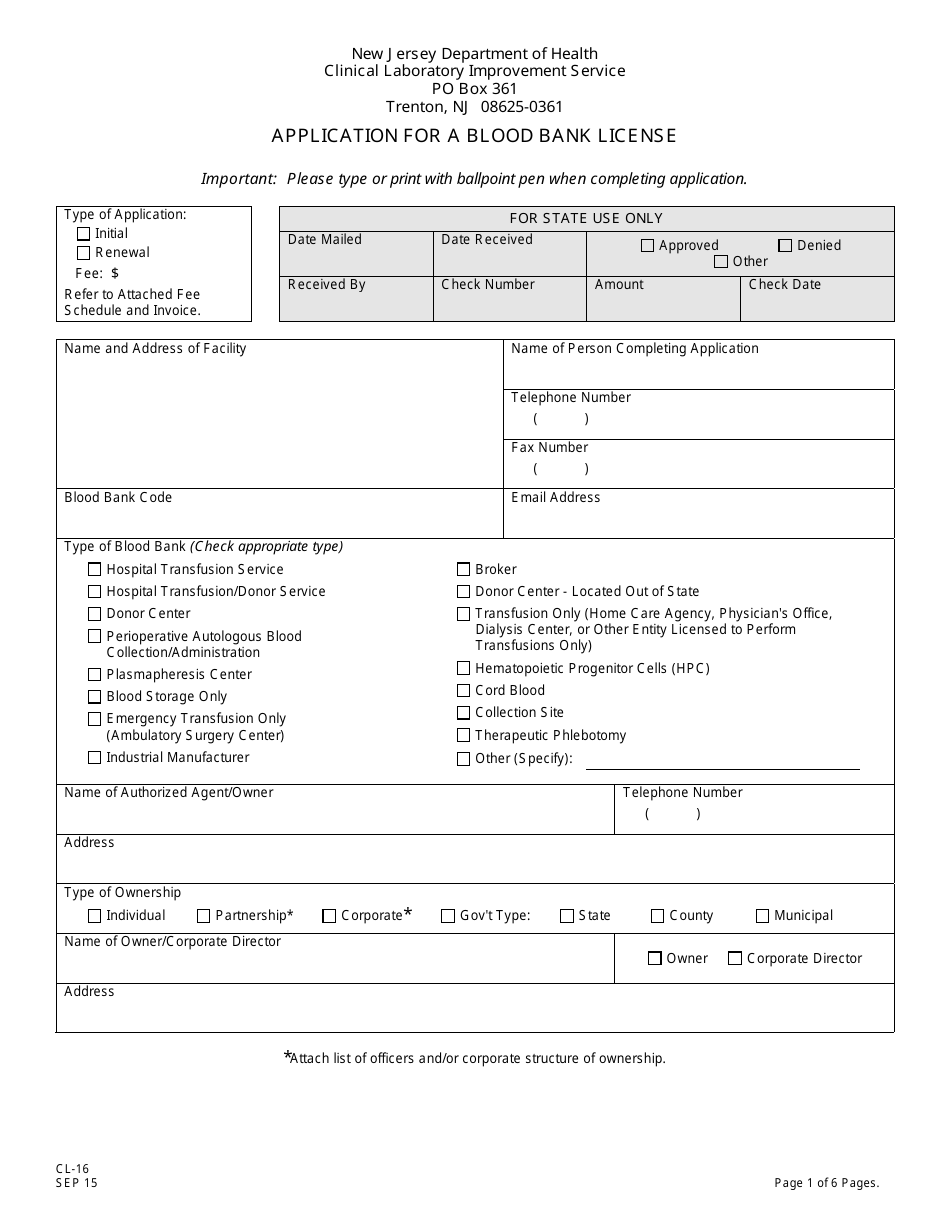 Form CL-16 Application for a Blood Bank License - New Jersey, Page 2