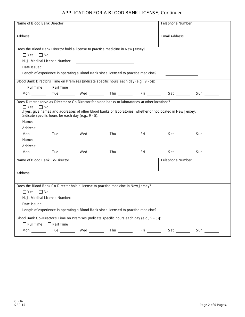 Form CL-16 Application for a Blood Bank License - New Jersey, Page 3