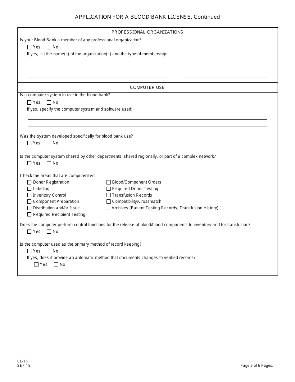 Form CL-16 Application for a Blood Bank License - New Jersey, Page 6