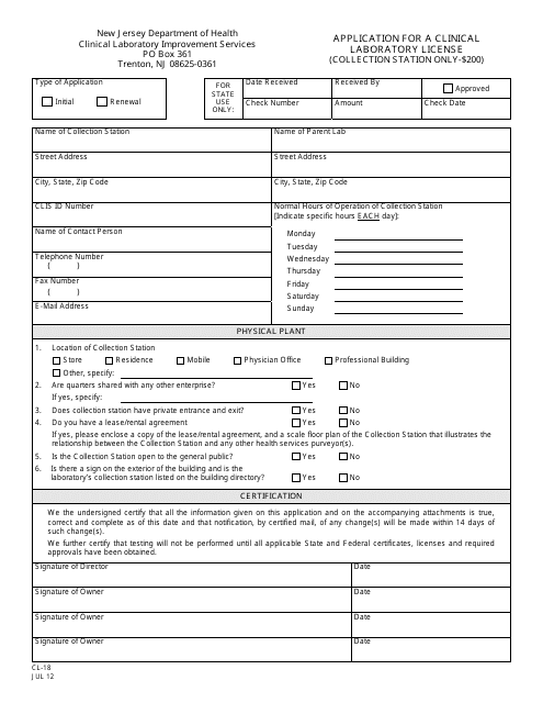 Form CL-18 Application for a Clinical Laboratory License (Collection Station Only) - New Jersey
