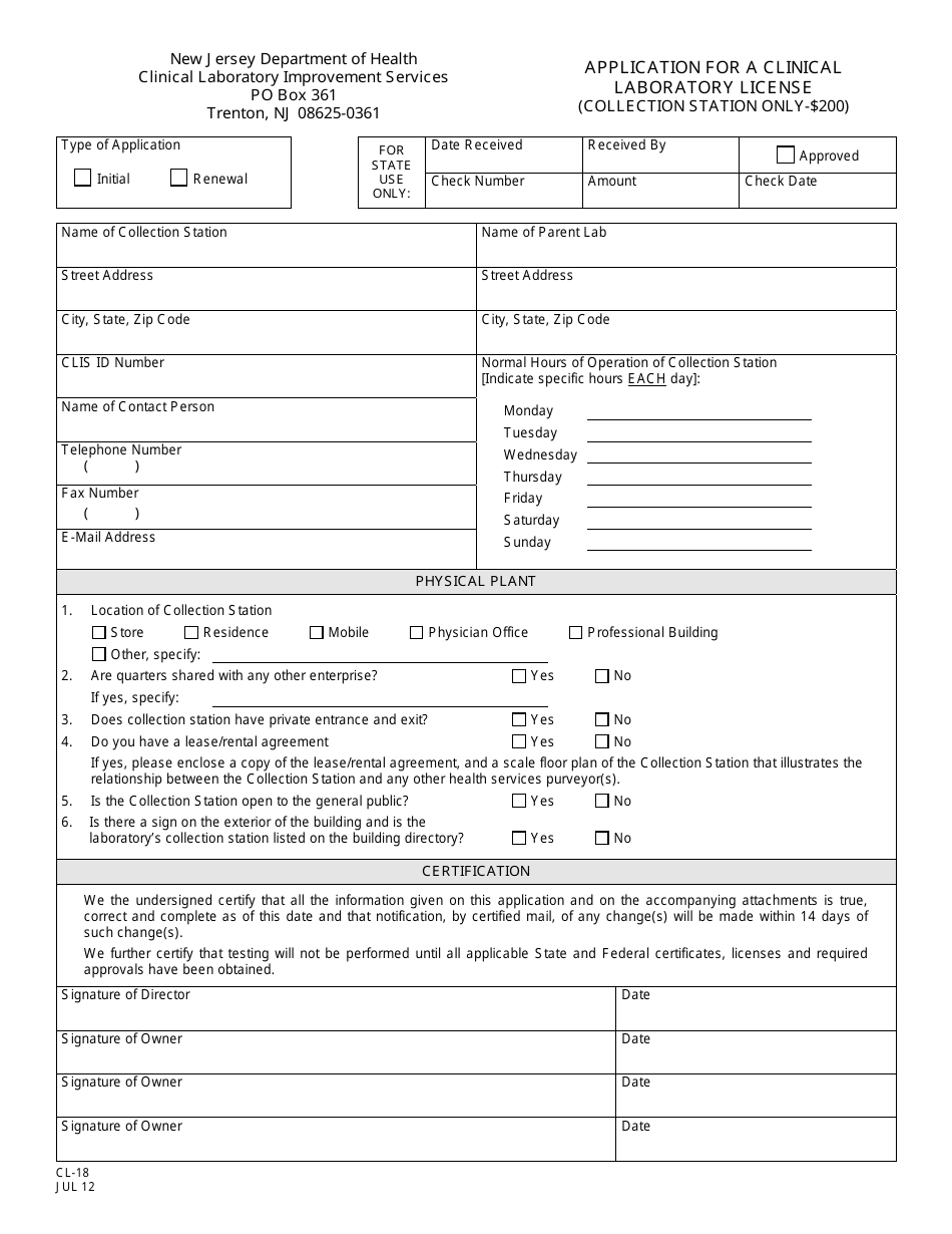 Form CL-18 Application for a Clinical Laboratory License (Collection Station Only) - New Jersey, Page 1