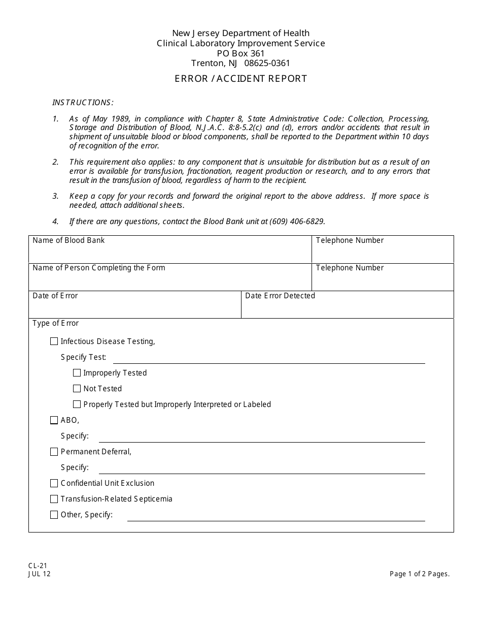 Form CL-21 Error / Accident Report - New Jersey, Page 1