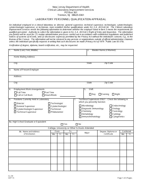 Form CL-34 Laboratory Personnel Qualification Appraisal - New Jersey