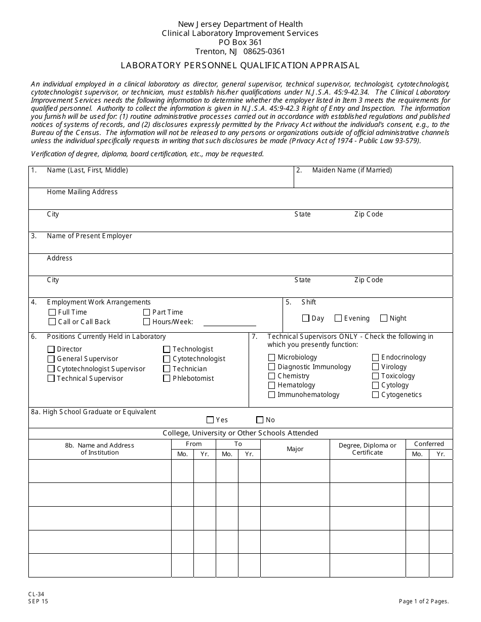 Form CL-34 Laboratory Personnel Qualification Appraisal - New Jersey, Page 1