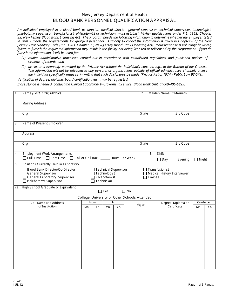 Form CL-40 Blood Bank Personnel Qualification Appraisal - New Jersey, Page 1