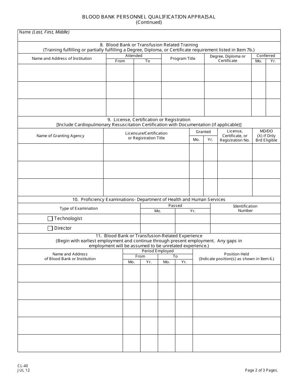 Form CL-40 Blood Bank Personnel Qualification Appraisal - New Jersey, Page 2