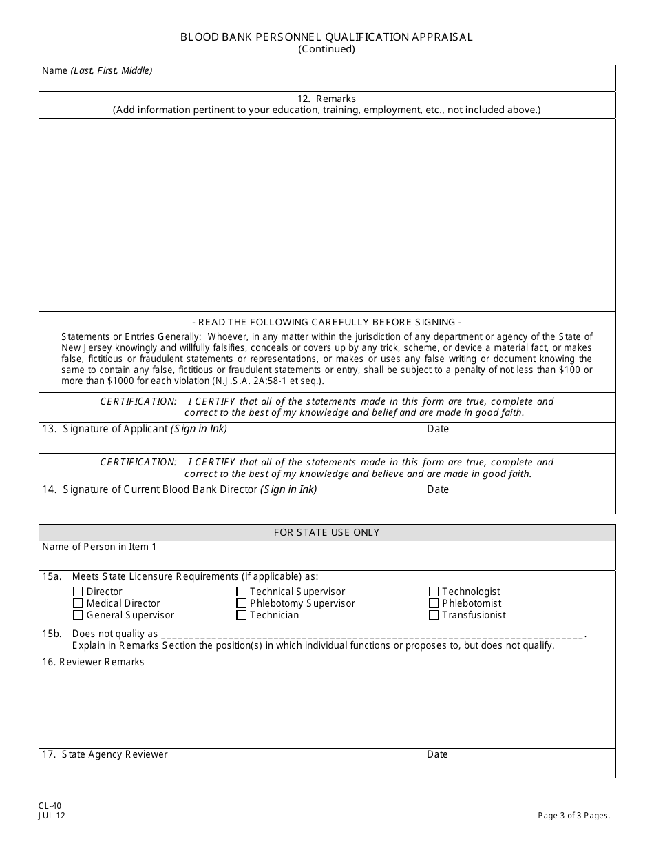 Form CL-40 Blood Bank Personnel Qualification Appraisal - New Jersey, Page 3
